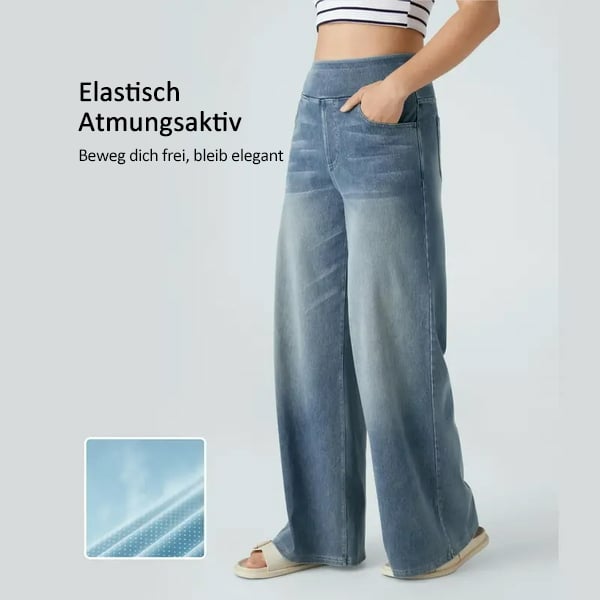 📢Letzter Tag: 49% Rabatt🏆Damen High-Waist Baggy Weite Bein Stretch Strick-Jeans mit mehreren Taschen – Bequeme Casual Denim