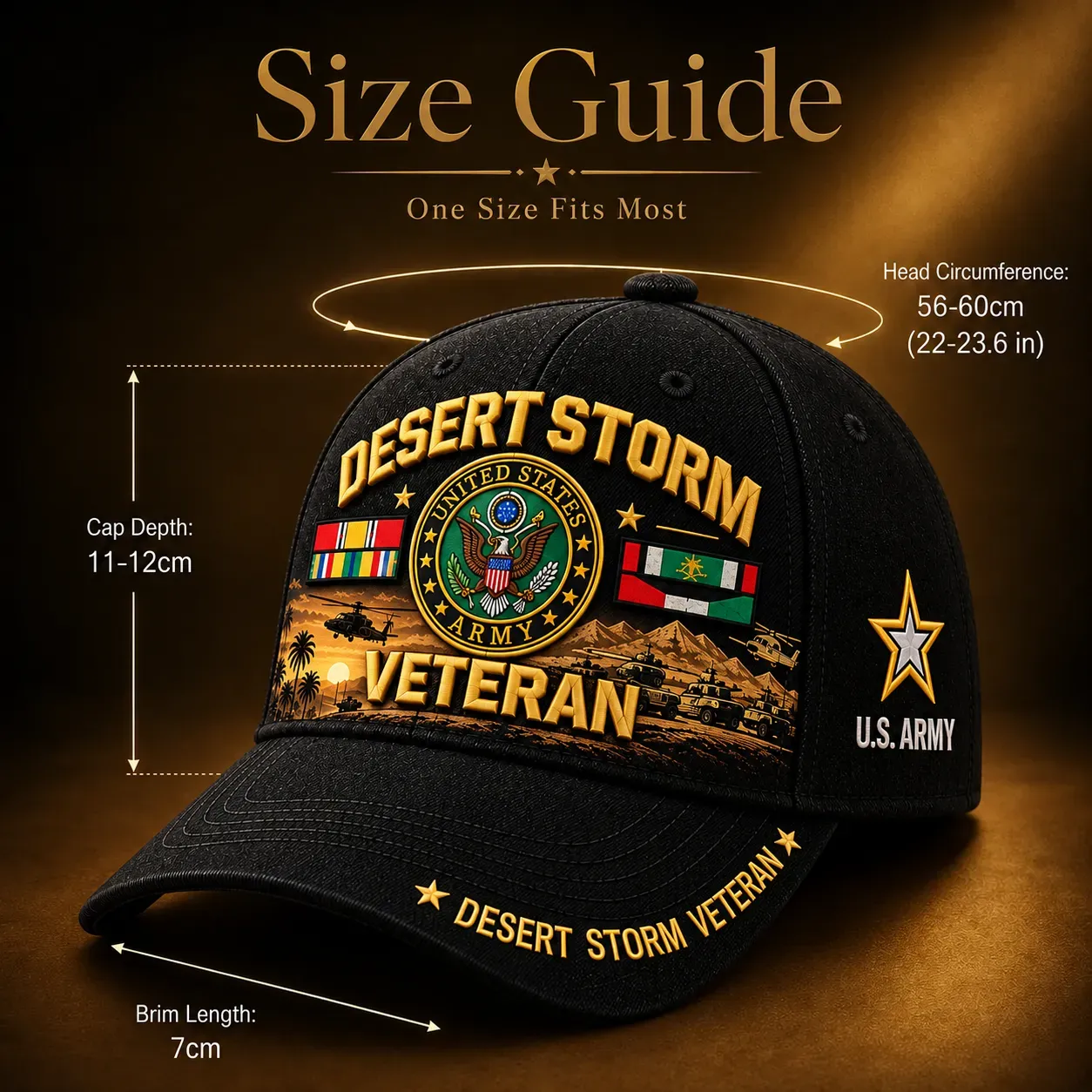 Published size guide: head circumference 56 to 60 centimetres, cap depth 11 to 12 centimetres and brim length 7 centimetres