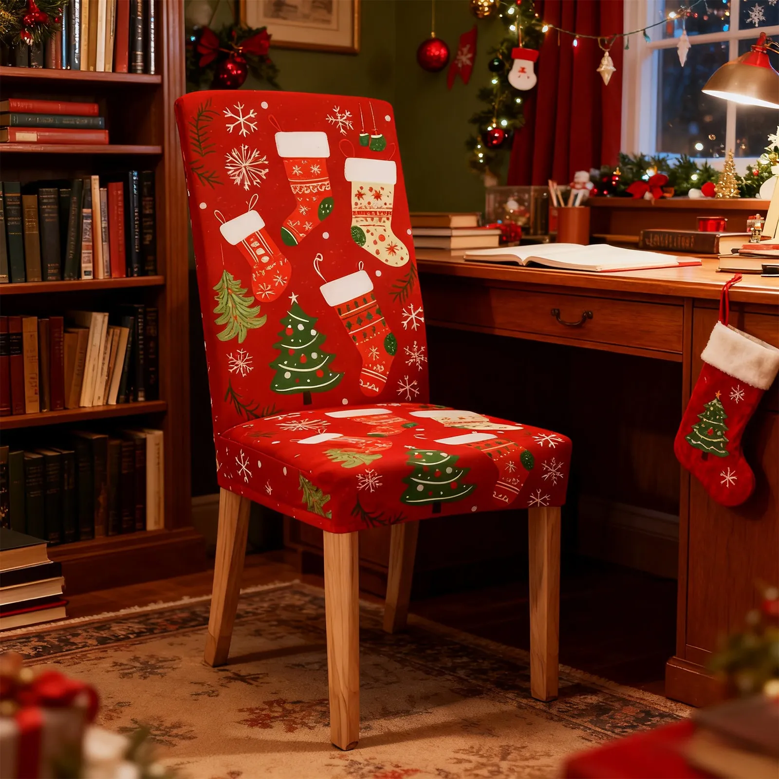 Red Christmas chair cover in a decorated home