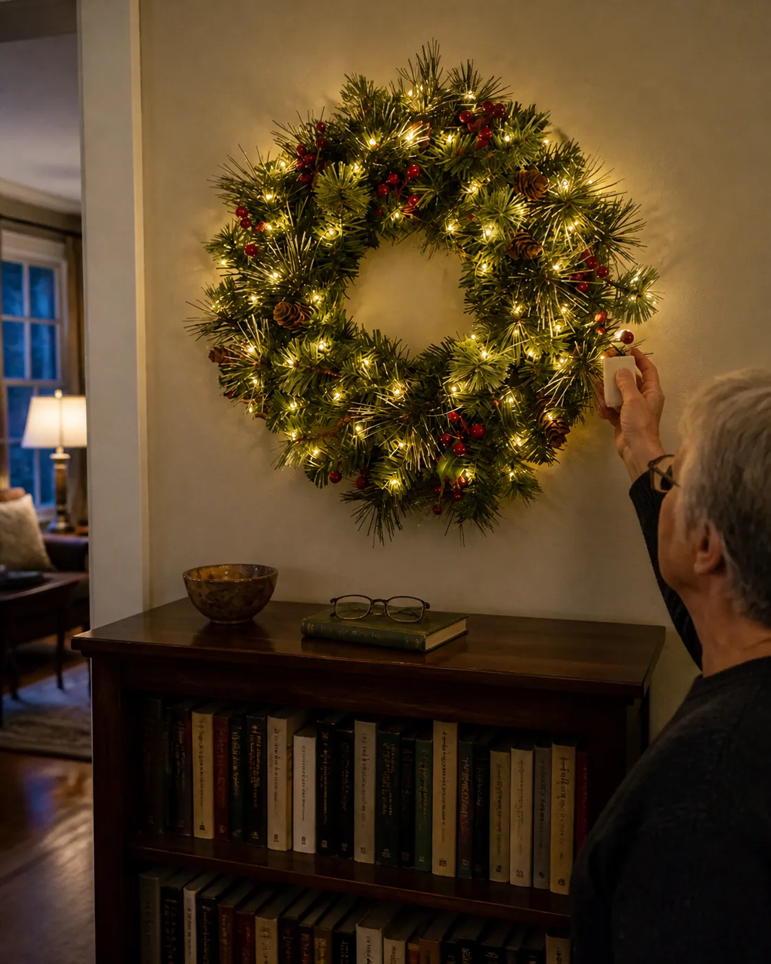 Older decorator checking the wreath light battery box