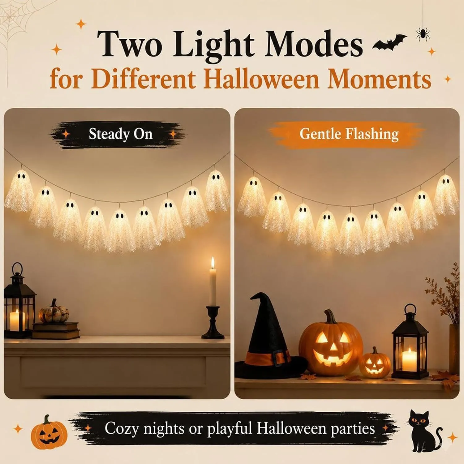 Steady on and gentle flashing light modes for the lace ghost garland