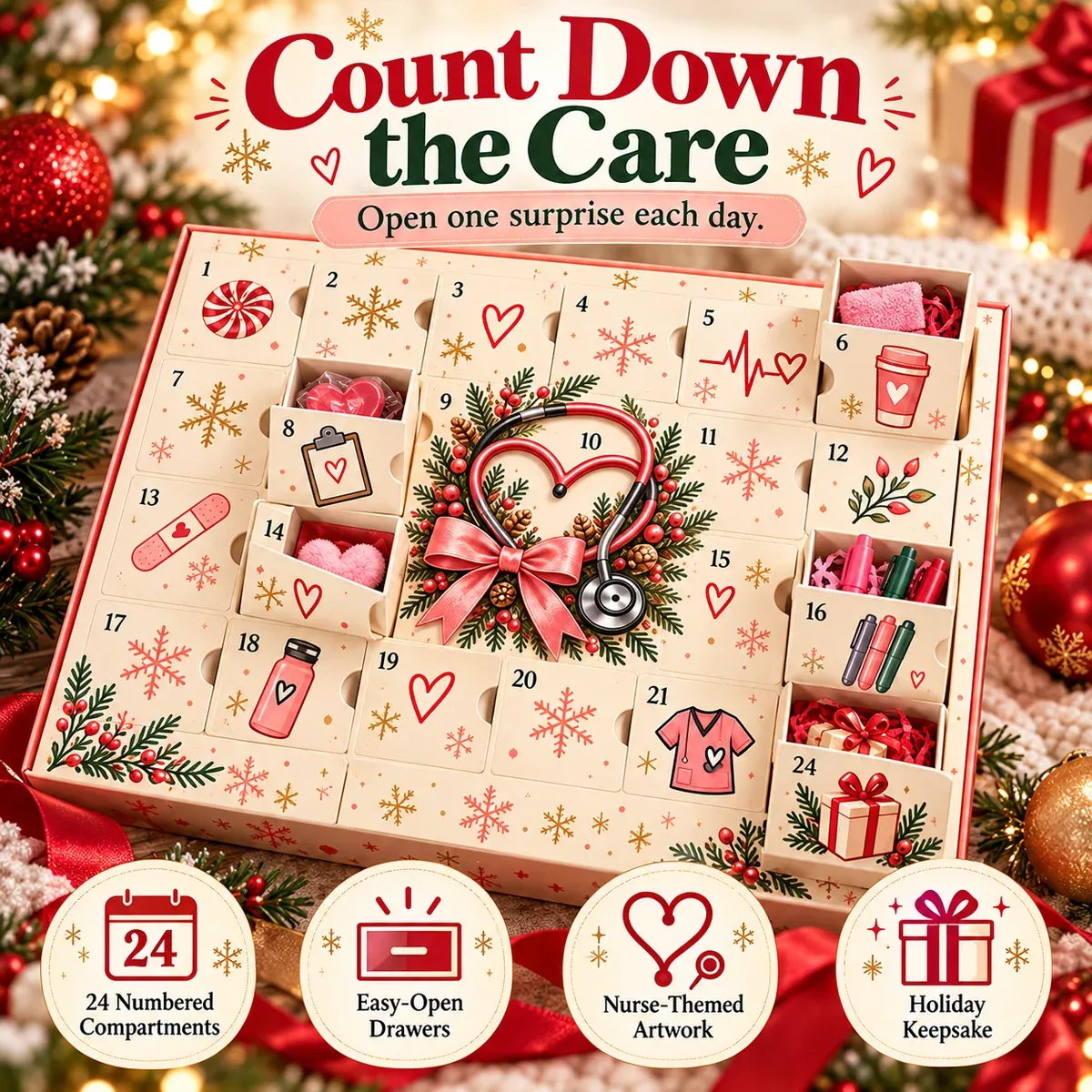 Open one numbered surprise each day in the nurse advent calendar