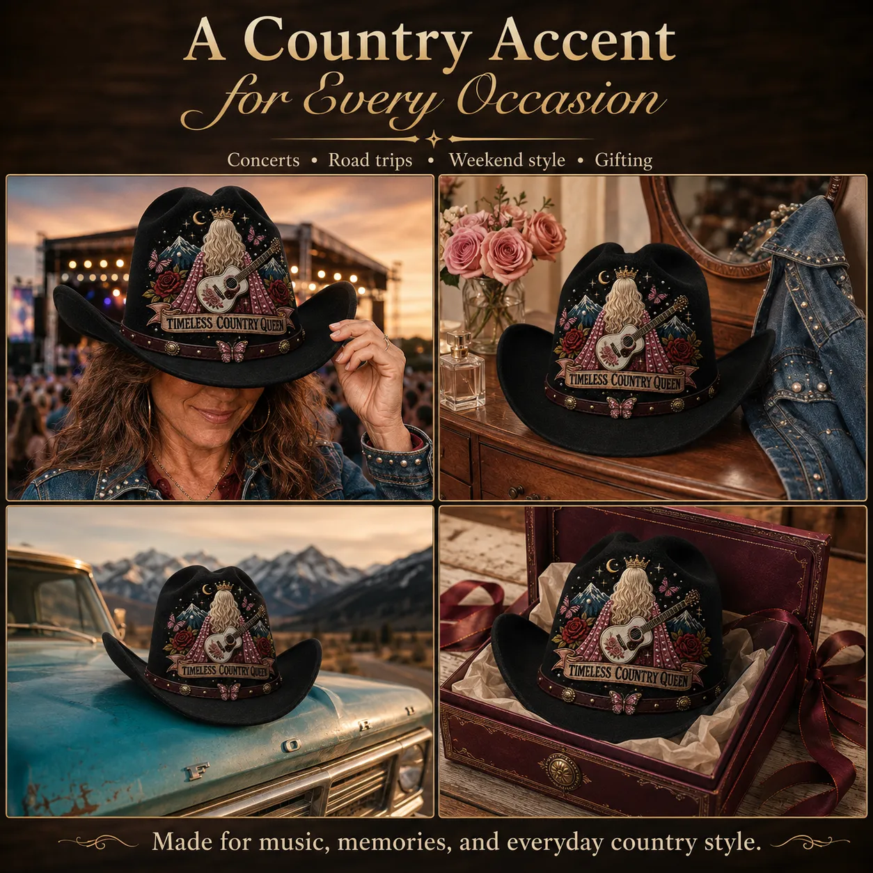 Timeless Country Queen hat at concerts, on road trips, at home and as a gift