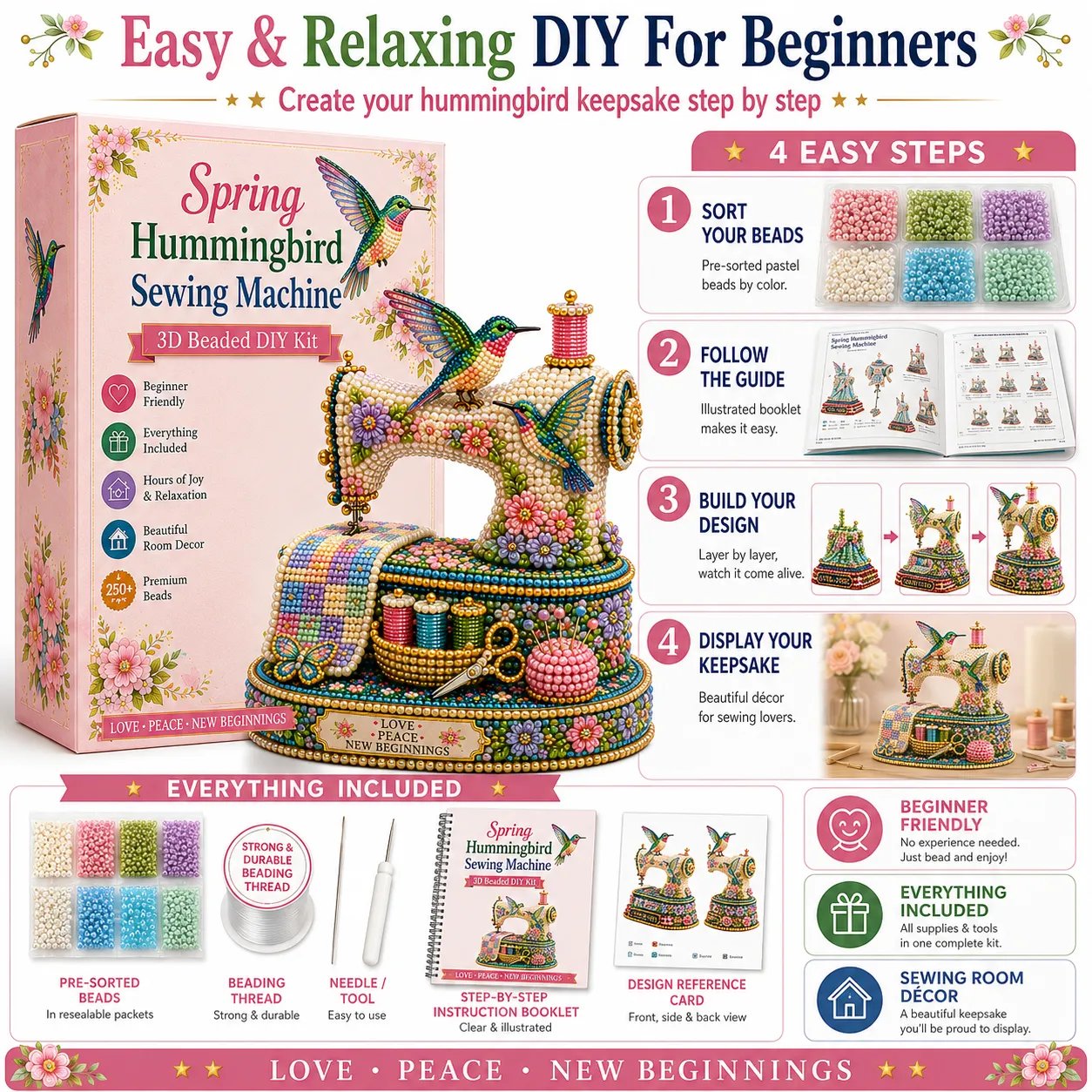 Spring hummingbird sewing machine kit display detail