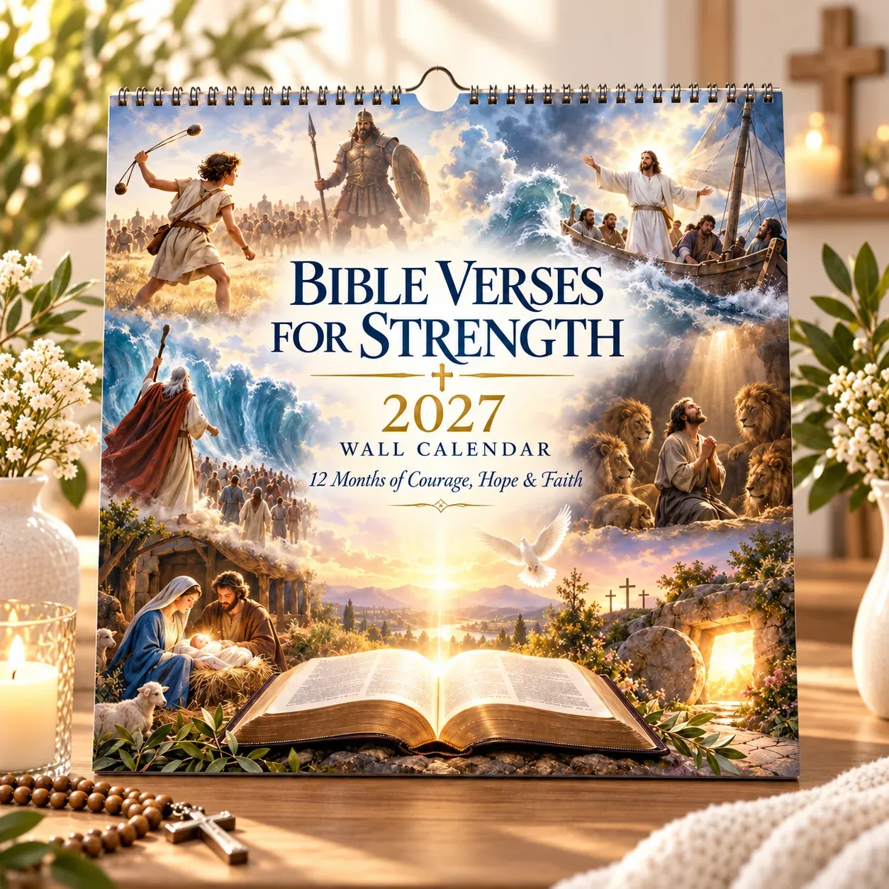 Cover of the 2027 Bible Verses for Strength spiral-bound wall calendar