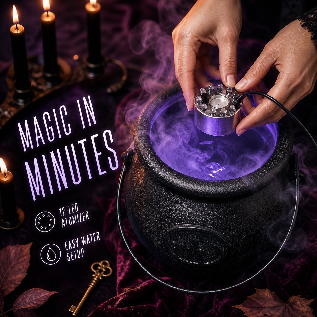 Hands lowering the silver 12-LED atomizer into the Halloween cauldron