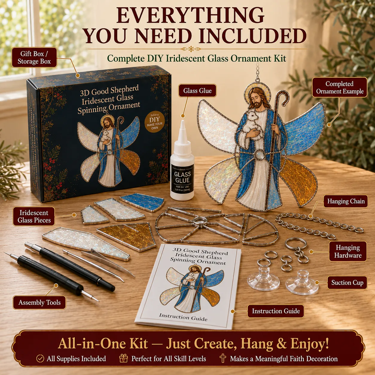 Complete Good Shepherd DIY suncatcher kit and included components