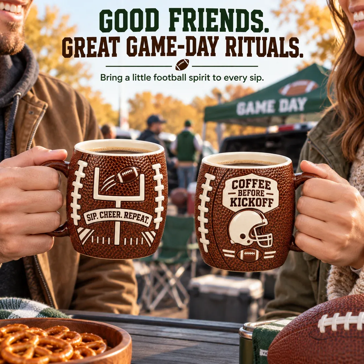 Two football mugs being held at an outdoor game-day gathering
