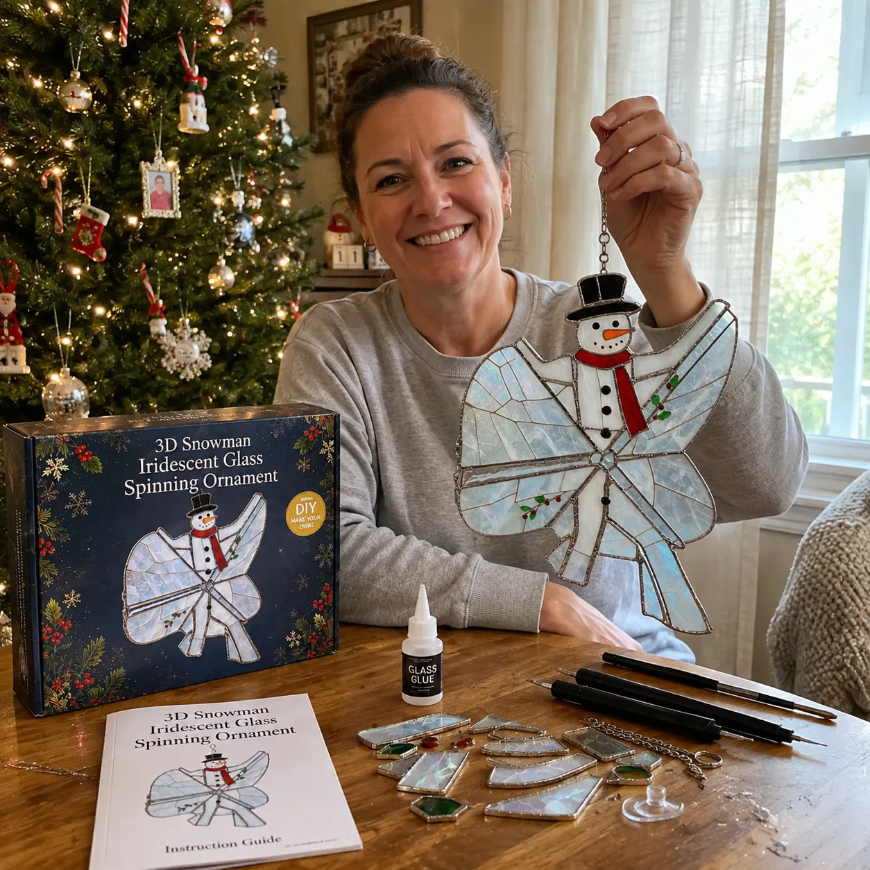 Customer holding her completed snowman suncatcher with the kit and tools on the table