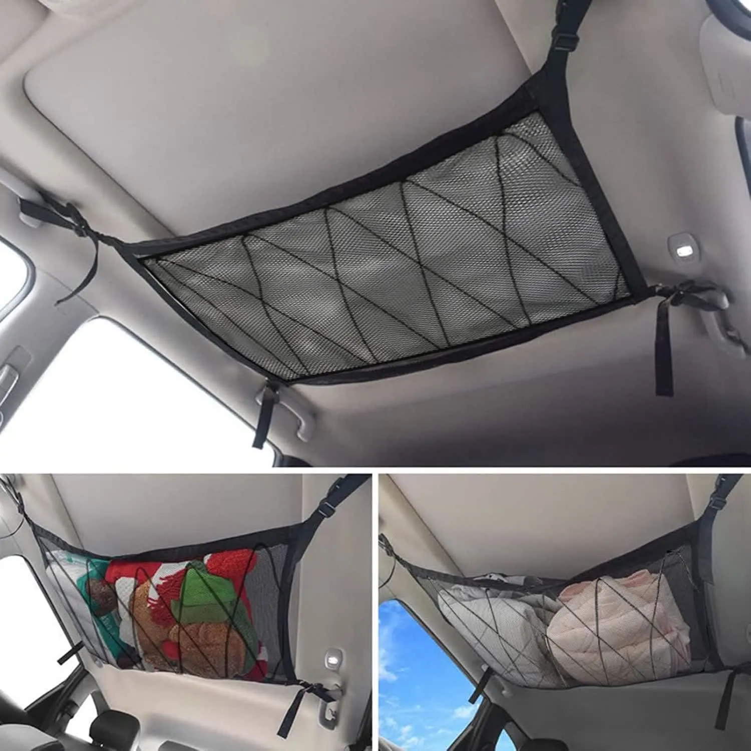 Ceiling storage net holding soft travel items