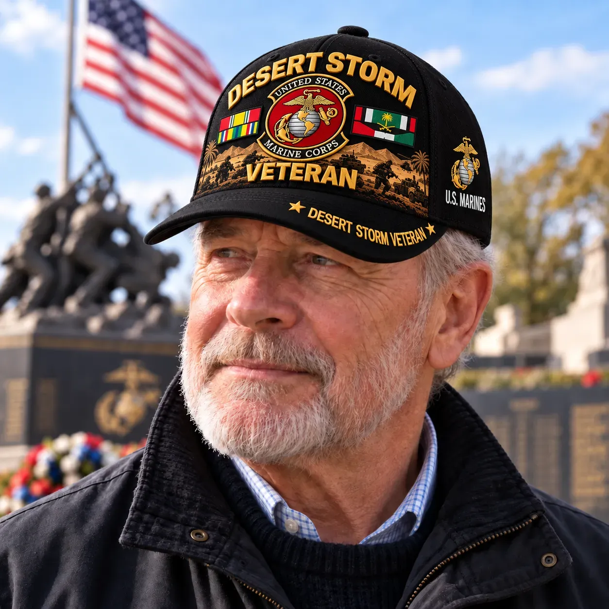 Marine Corps Desert Storm Veteran cap shown in an outdoor military remembrance setting