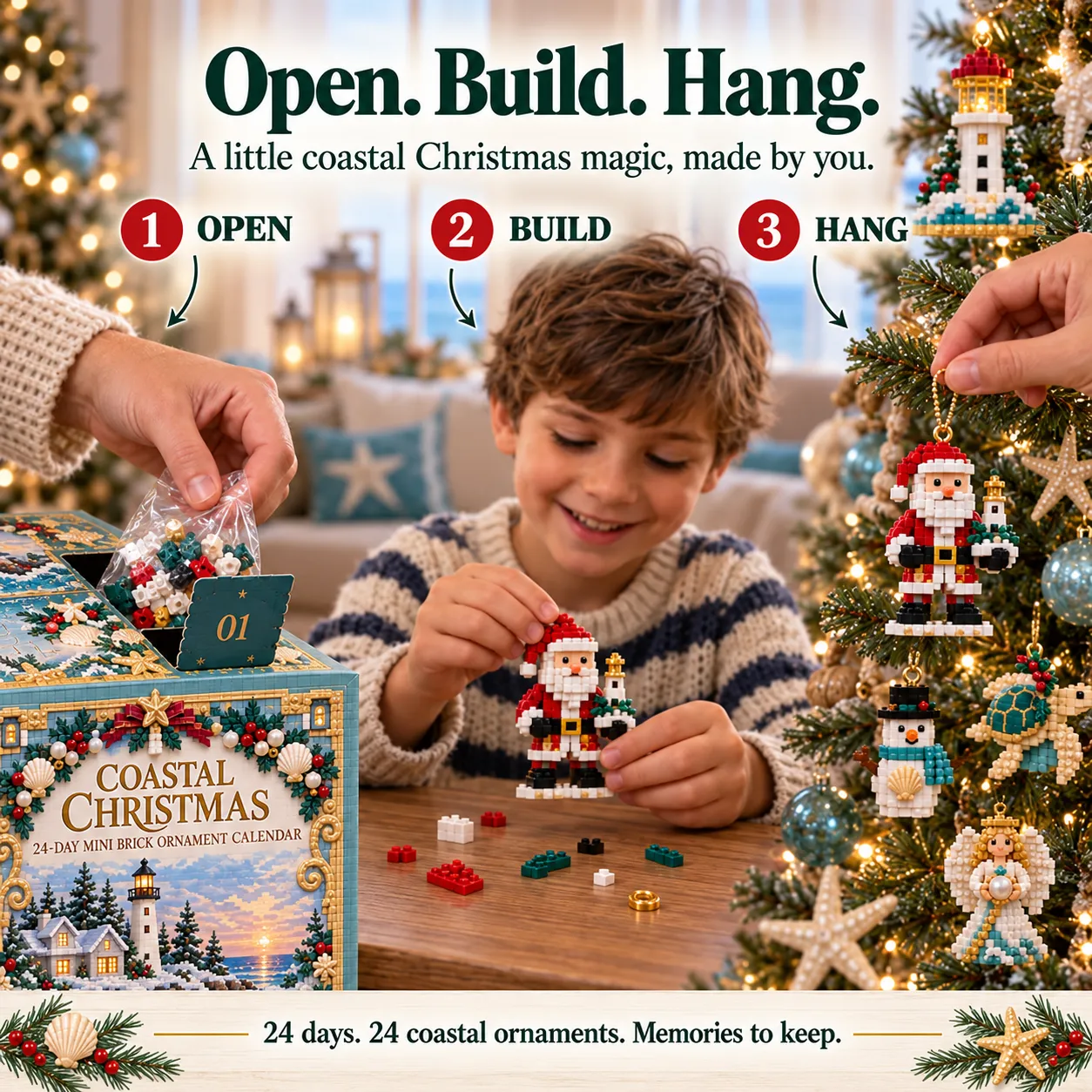 Opening a numbered calendar door, assembling a coastal Santa ornament and hanging a finished ornament on the Christmas tree