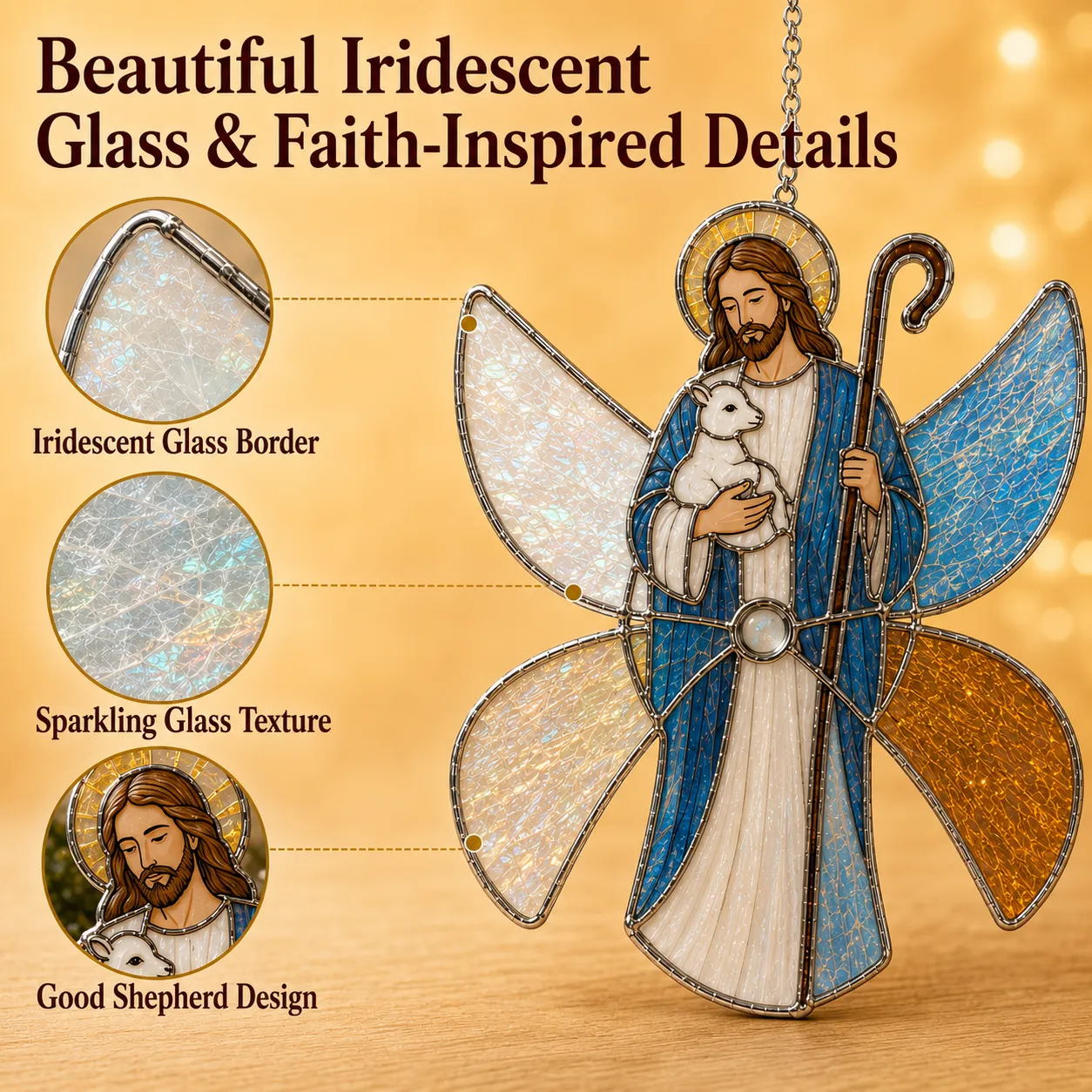 Close-up details of the Good Shepherd iridescent glass-style ornament