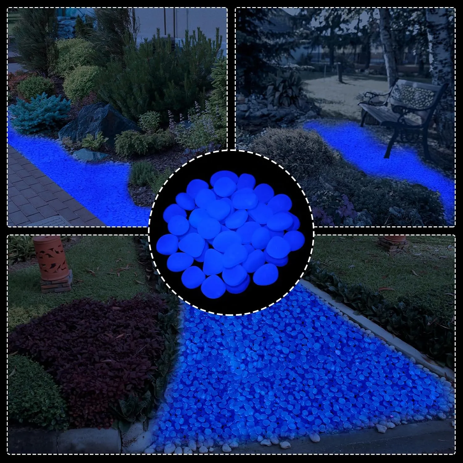 Deep blue glow pebbles decorating garden paths
