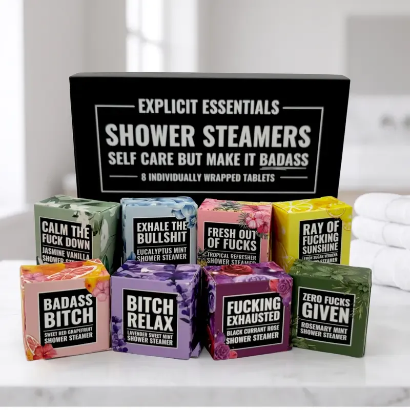 Shower steamer gift box displayed in a bright bathroom