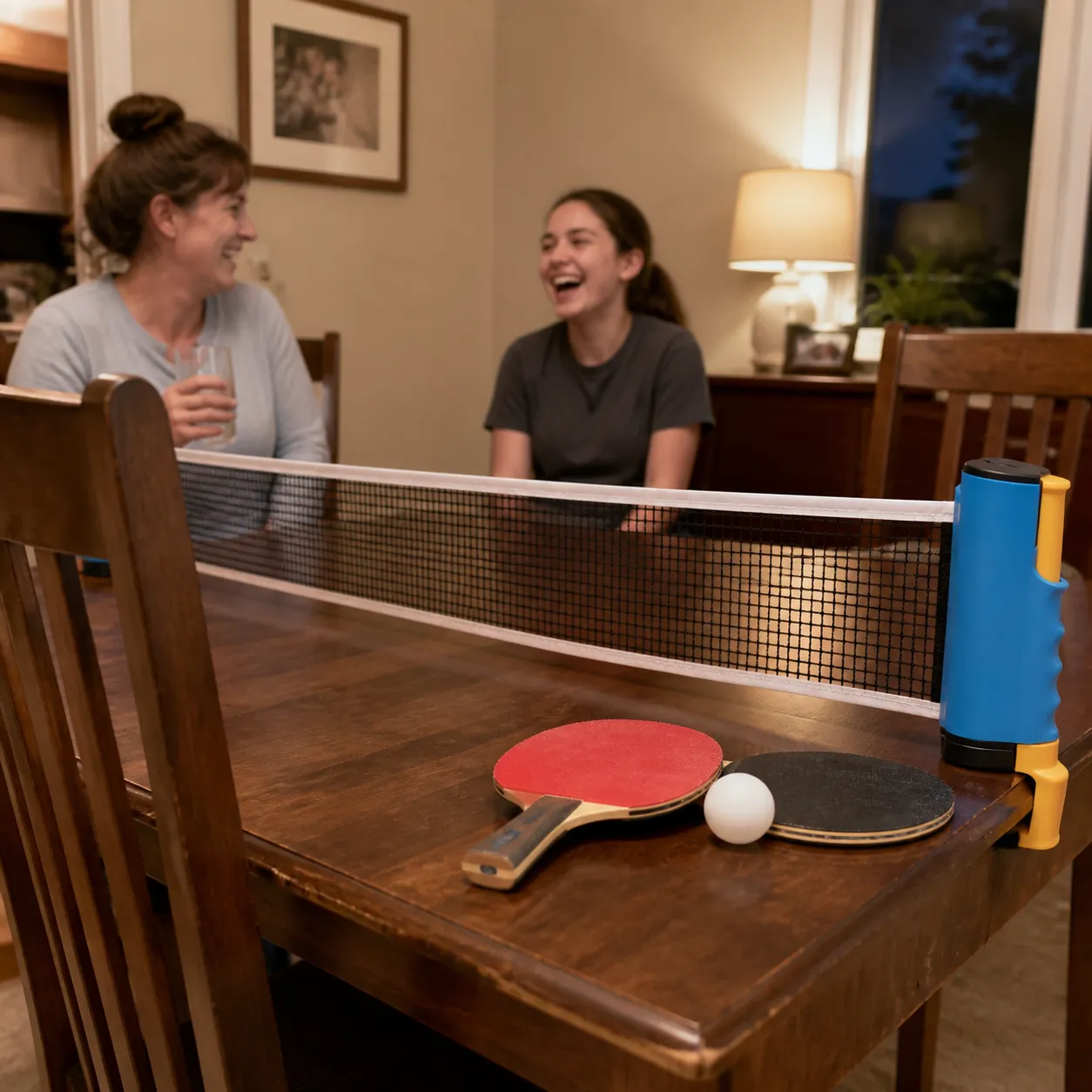 Family dining table with a portable table tennis net