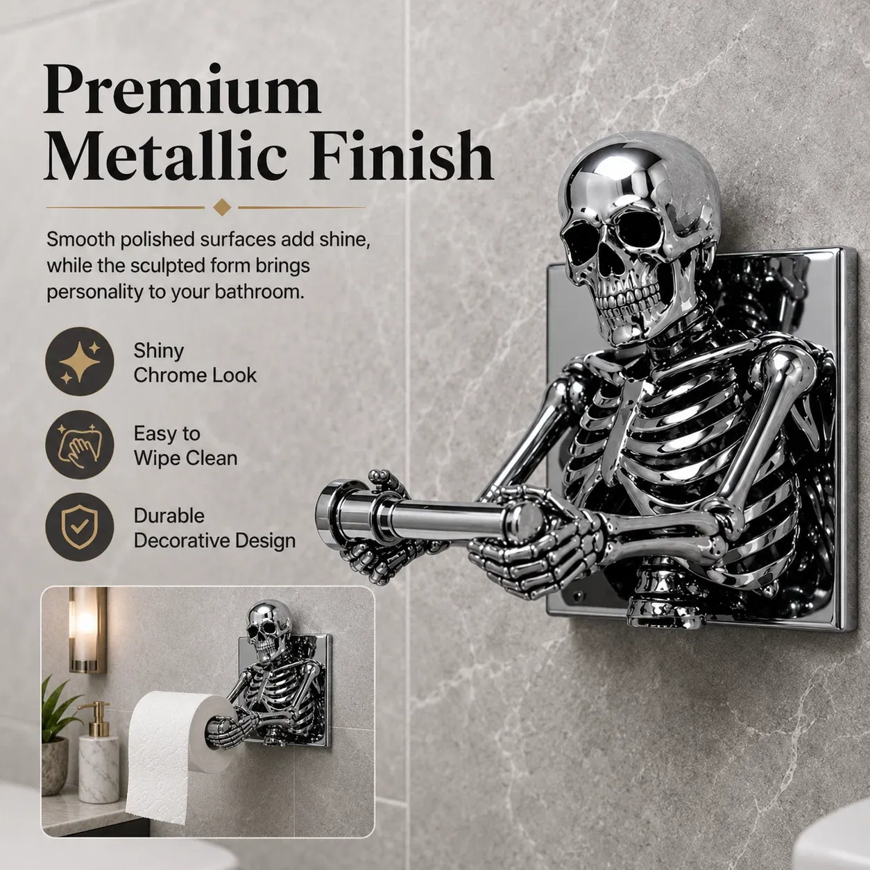 Detailed silver-tone skeleton toilet paper holder