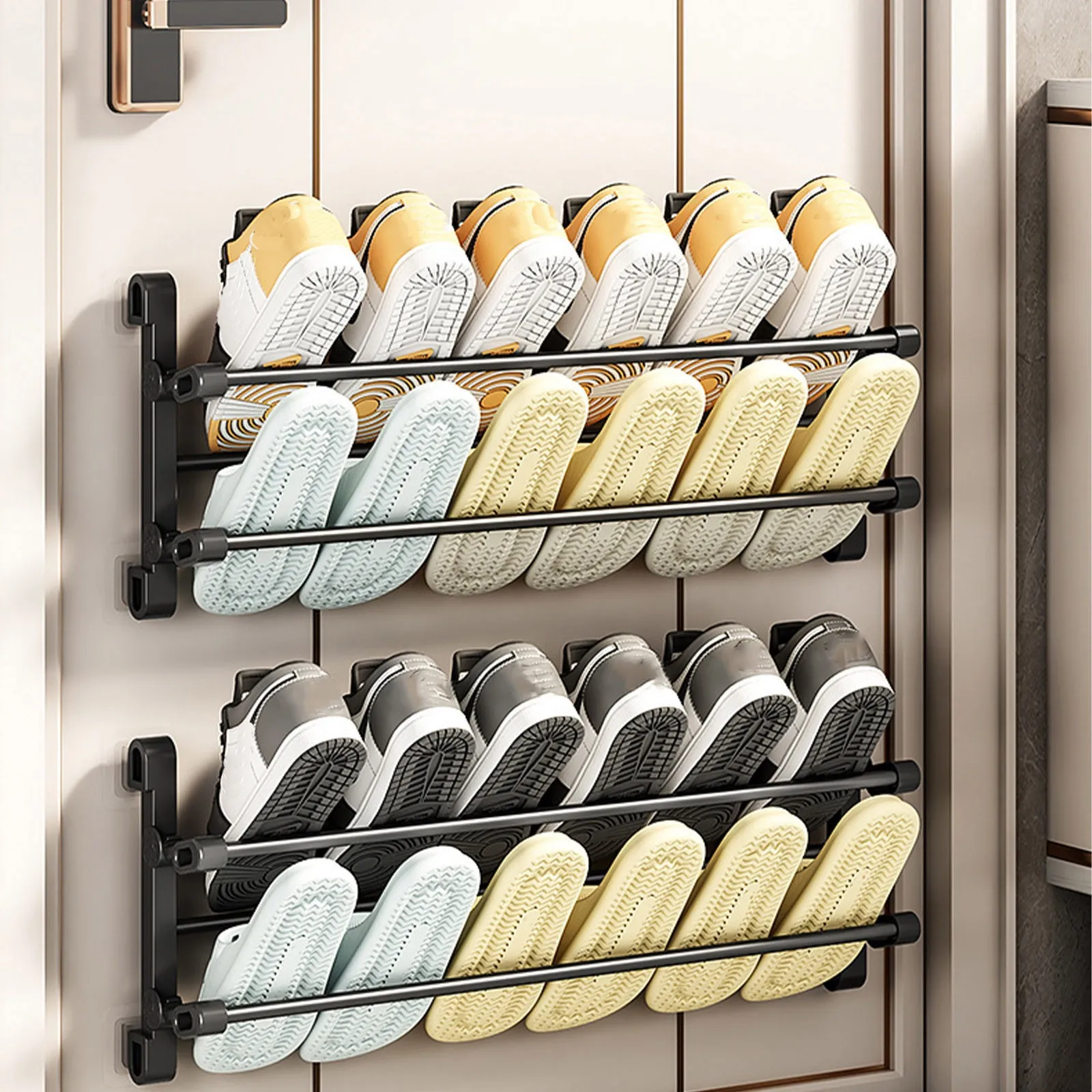 Two wall-mounted shoe racks stacked vertically in an entryway