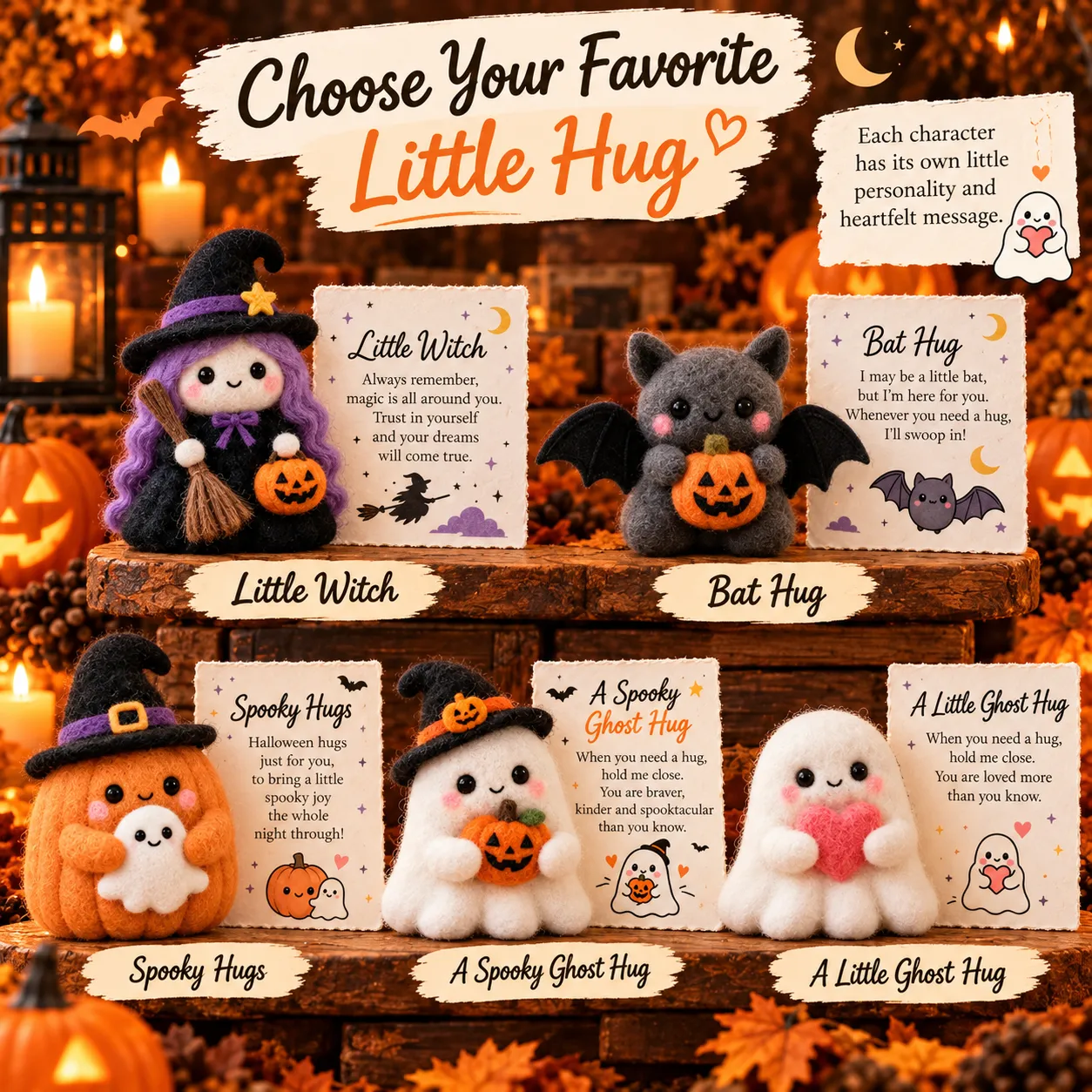 All five felt character styles with their different printed message cards