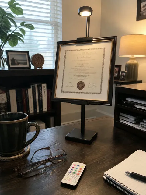 Lighted stand displaying a framed certificate in a home office
