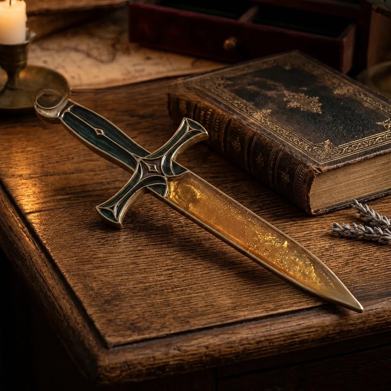 Amber Gold decorative potion athame dagger on a vintage wooden desk