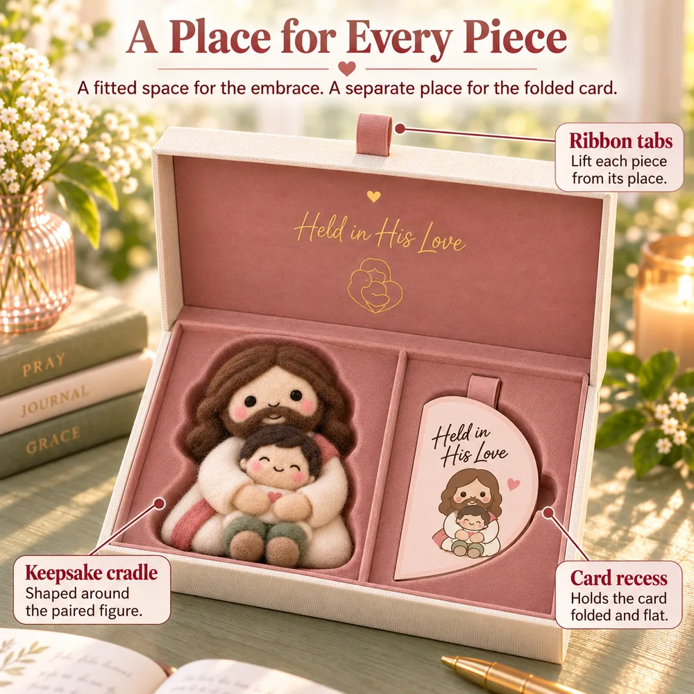 Jesus gift box with separate fitted recesses for the keepsake and the folded card