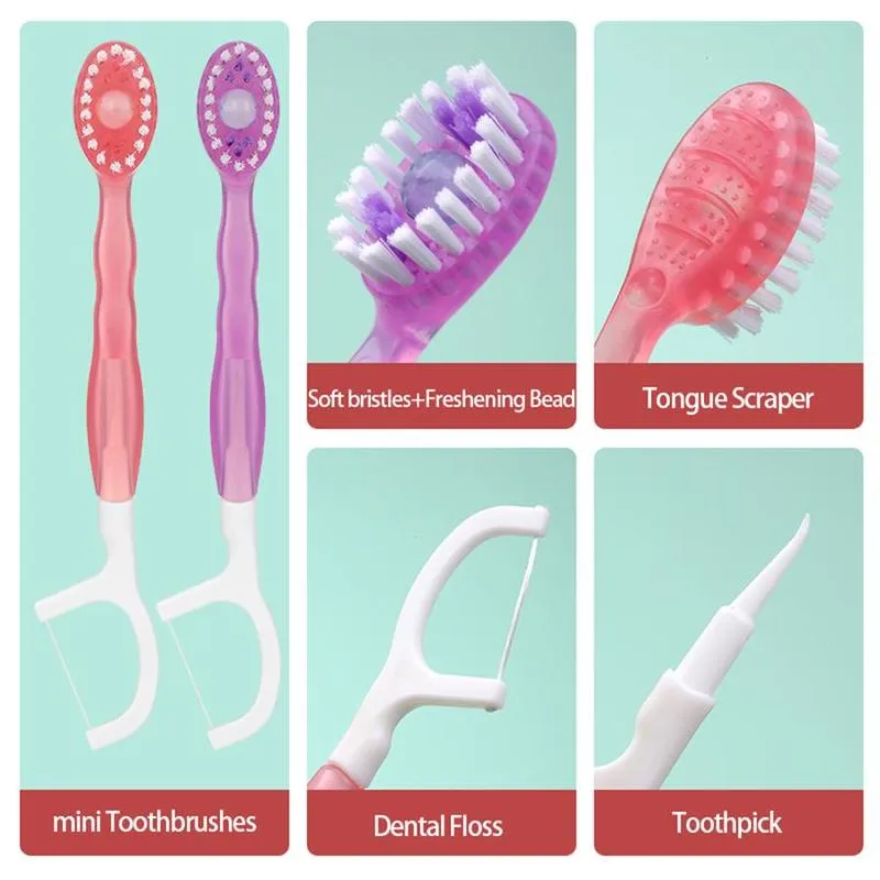 Product Introduction of 5 in 1 Mini Toothbrush & Floss & Tongue Scraper & Toothpick Set, 26pcs/pack Soft Bristles Toothbrush Set, Oral Care Tool for Travel, Business Trip, Mouth Hygiene Kit 7