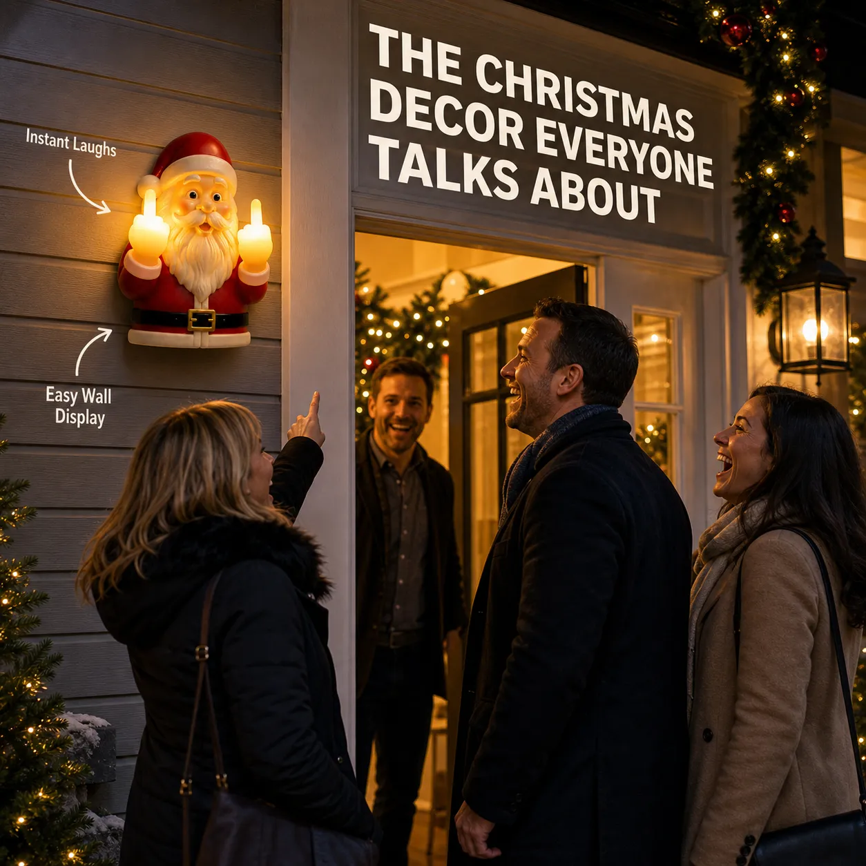 Adults laughing at the glowing Santa holiday decoration