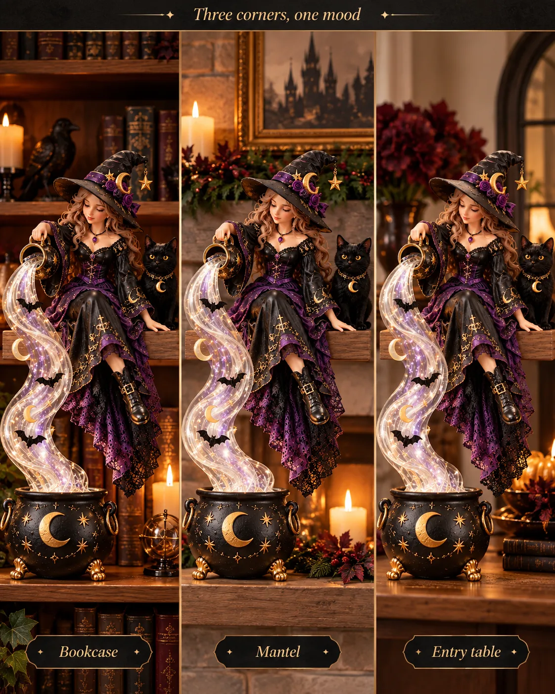 Witch design styled on a bookcase, mantel and entry table