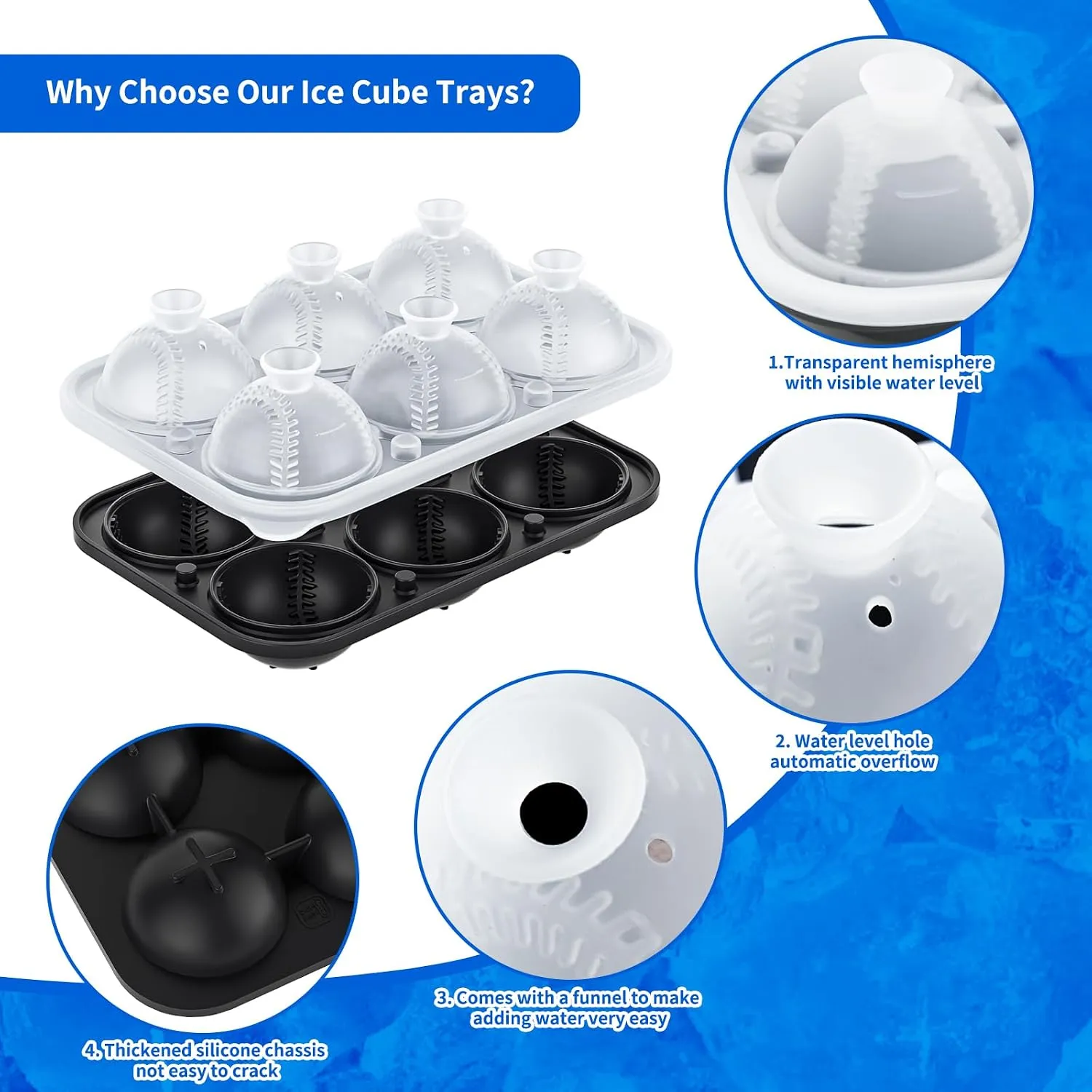 Close-up details of the six-cavity baseball ice mold