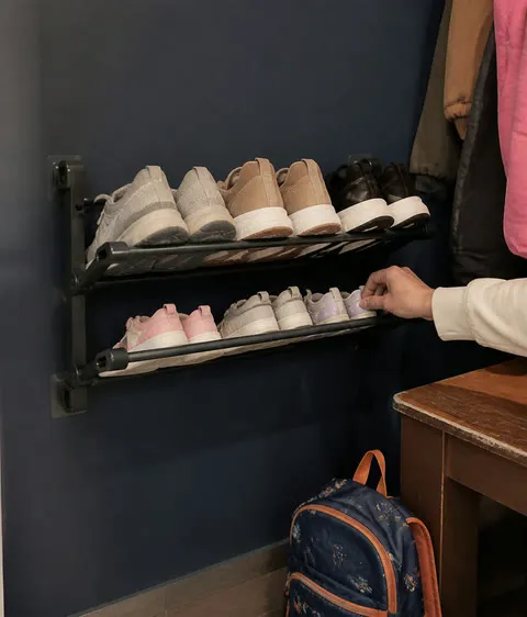 Two-tier wall shoe rack in a family mudroom