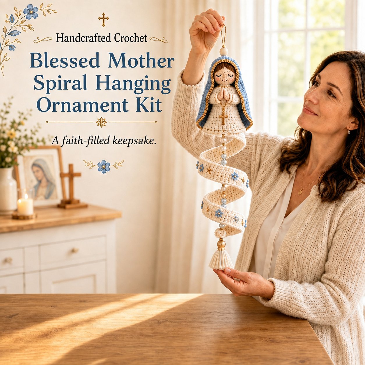 Crochet Blessed Mother spiral hanging ornament finished and DIY options