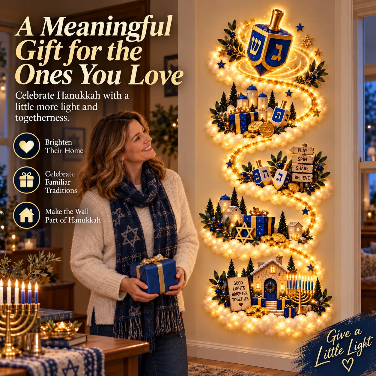 Hanukkah gifting inspiration with Dreidel Adventure displayed on the wall