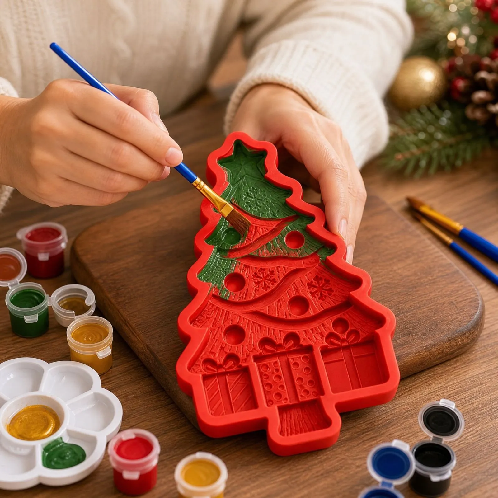 Close-up of painting the detailed Christmas tree casting