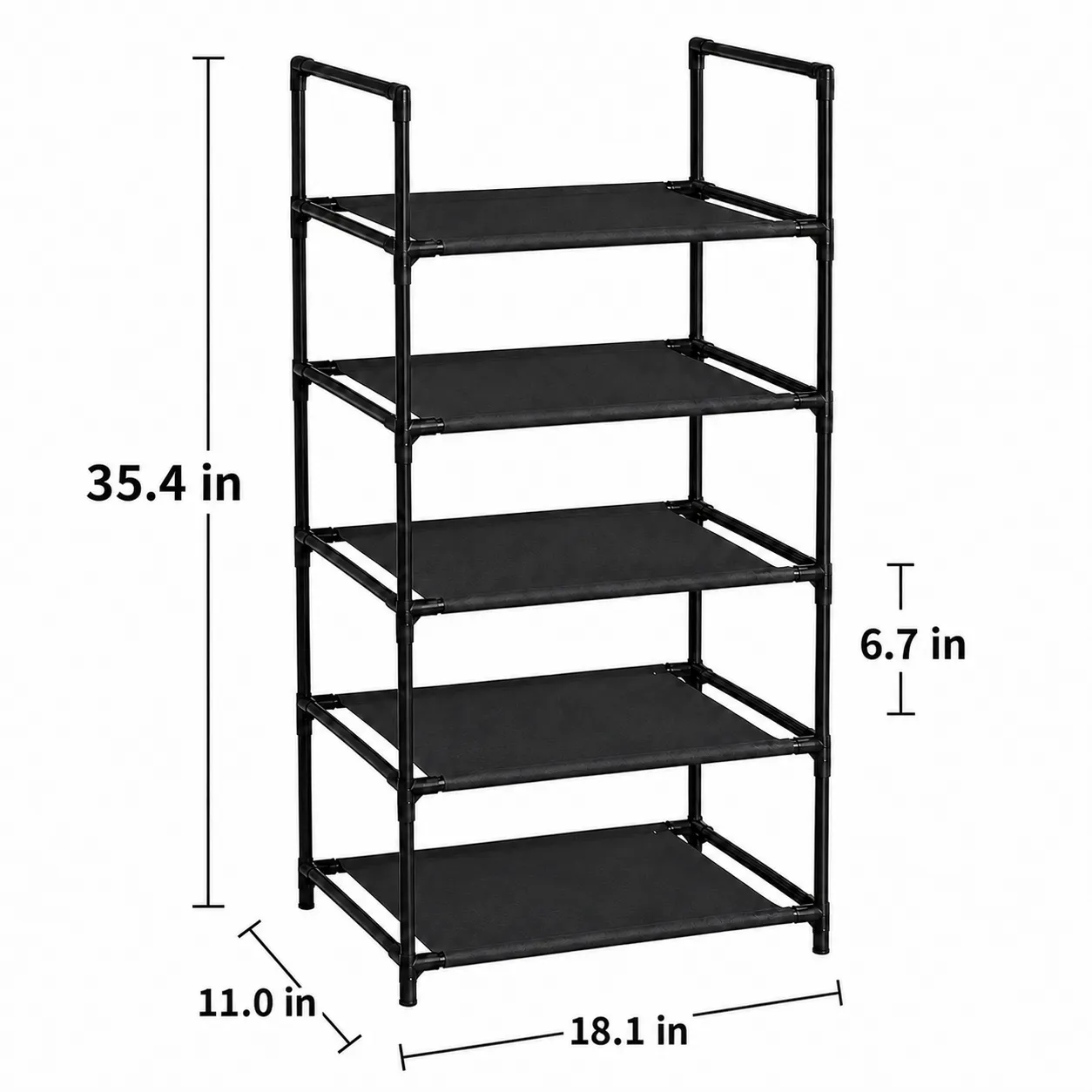 Five-tier rack dimensions: 18.1 inches wide, 11.0 inches deep, and 35.4 inches tall