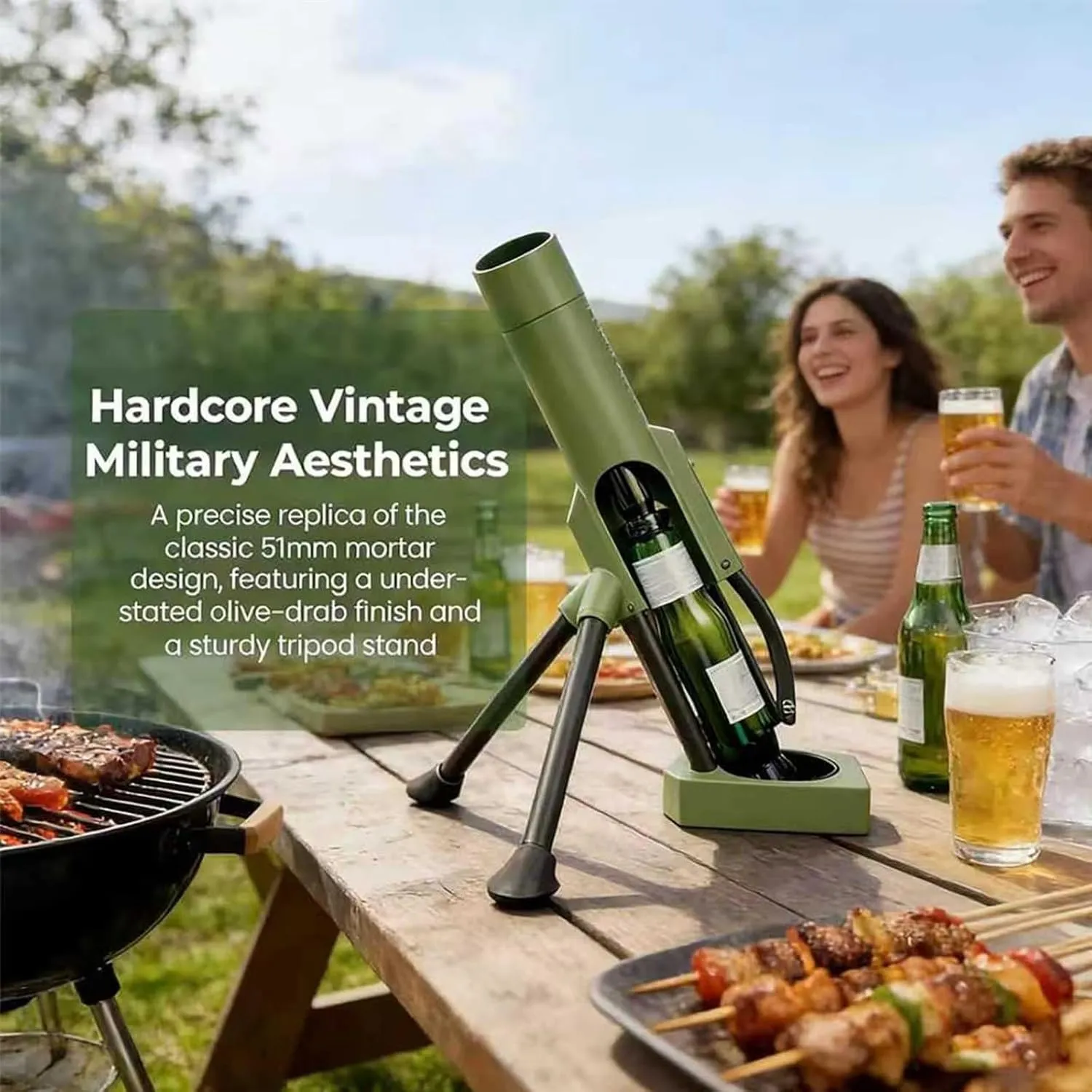 Mortar-style opener at a backyard cookout