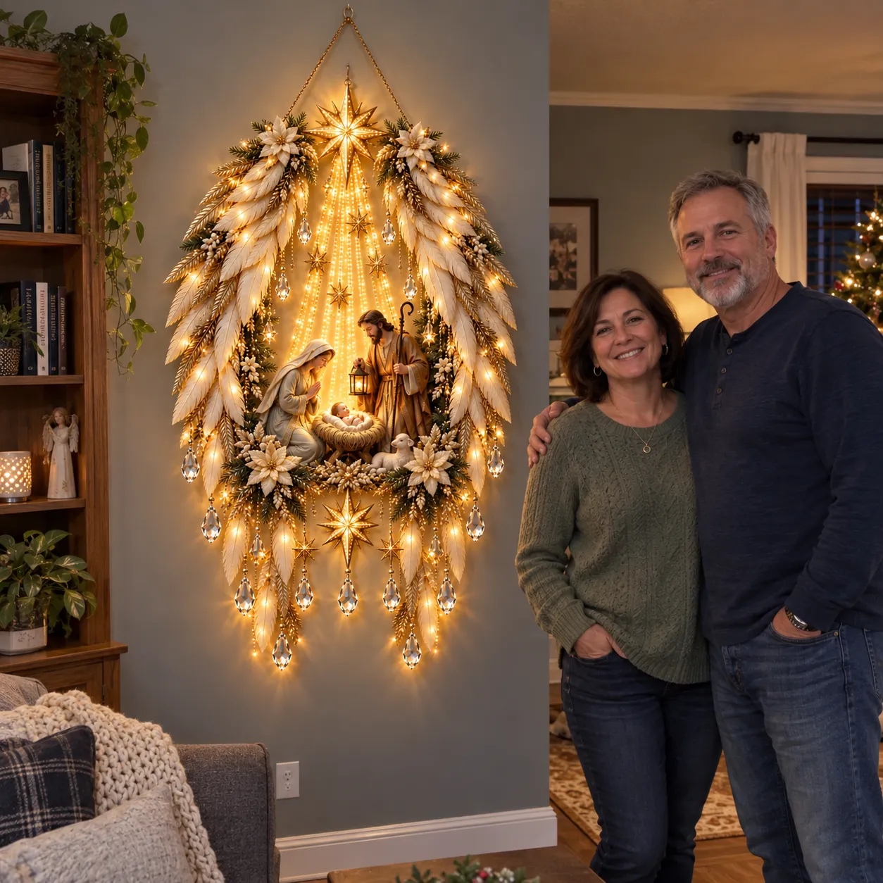 AI-generated evening scene of a couple beside the glowing Nativity wall display near their sofa