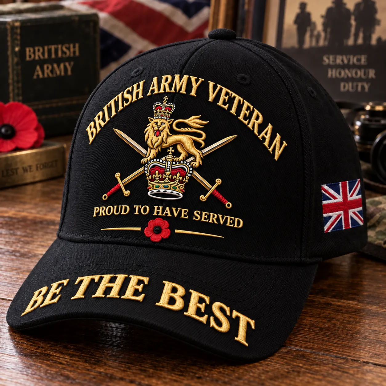 Black British Army Veteran cap showing gold service wording, crowned lion, poppy and Union Jack