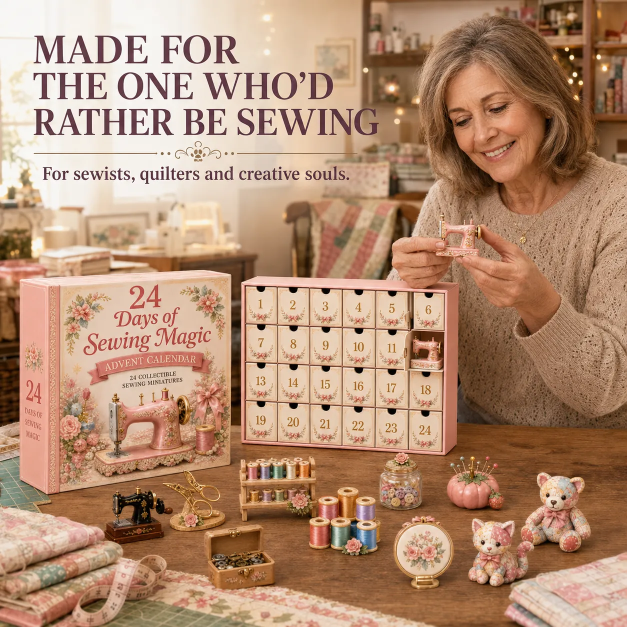 Sewing lover opening a miniature from the calendar