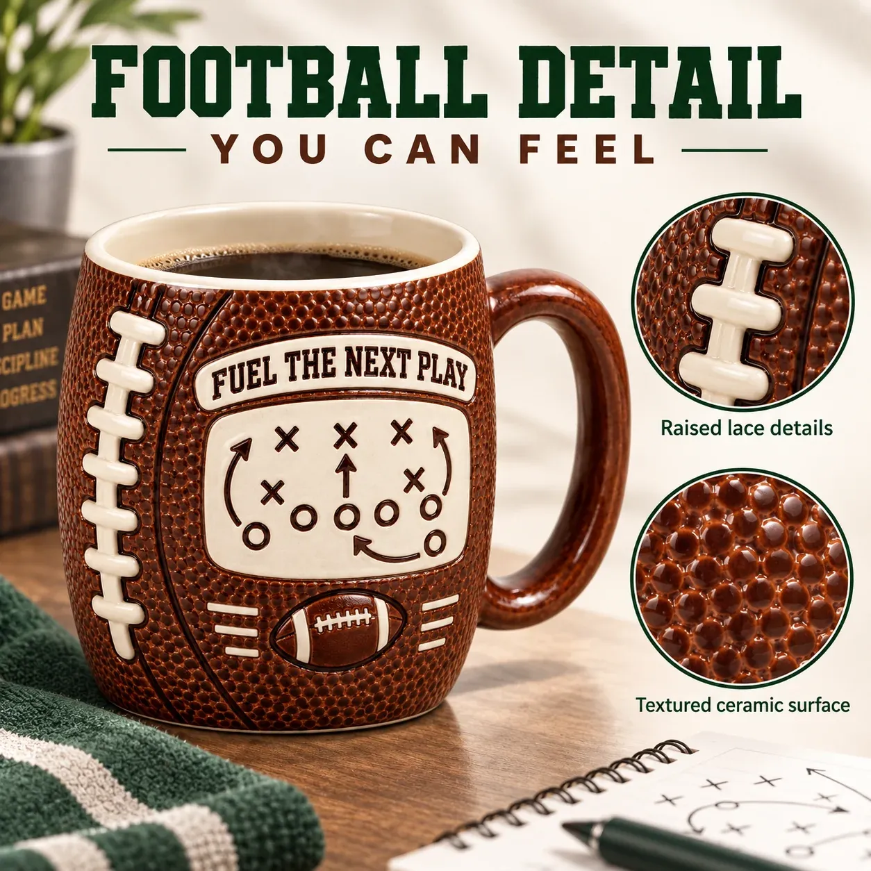 Close-up of the football mug showing raised ceramic laces and pebbled texture