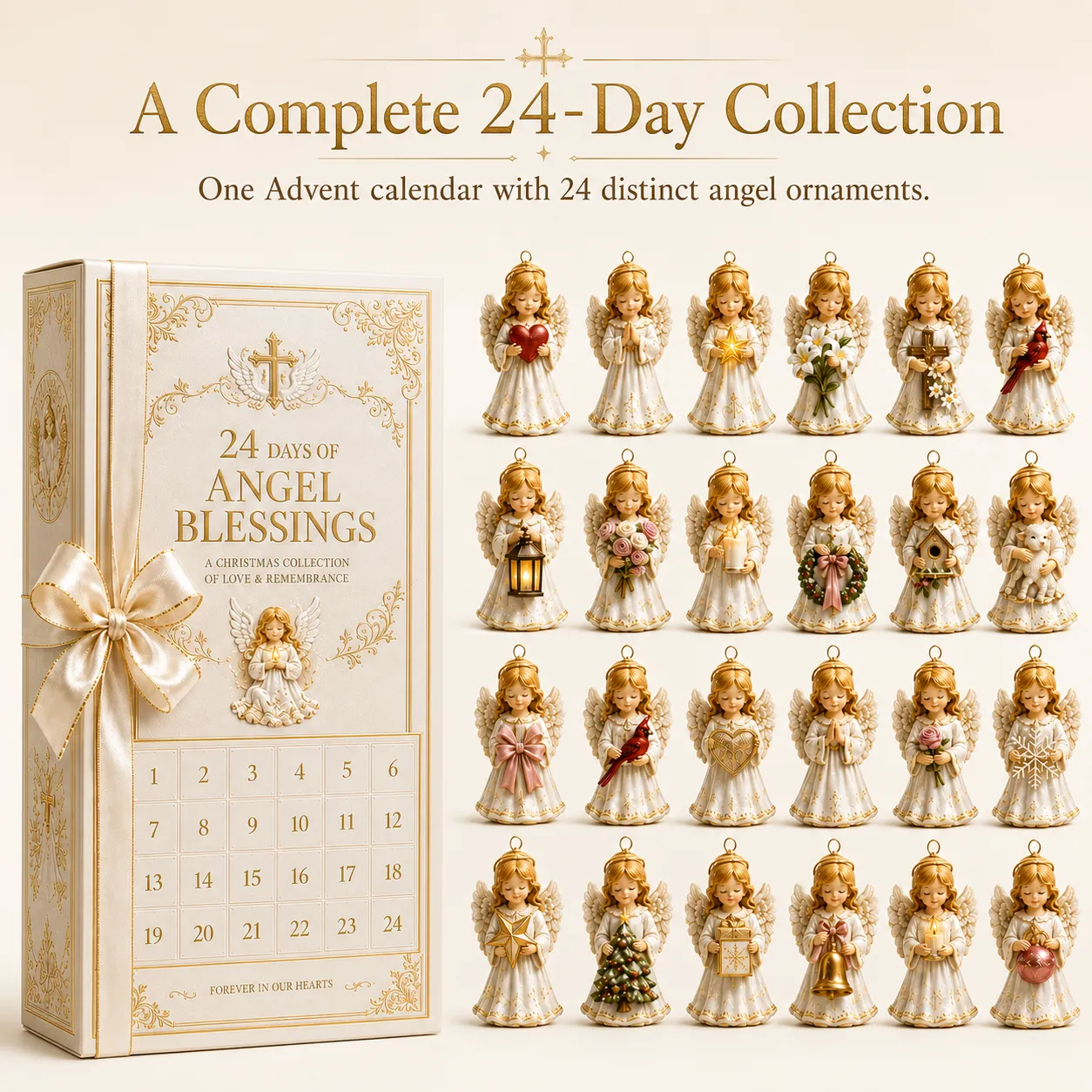 One angel Advent calendar shown with all 24 distinct angel ornaments on a clean background