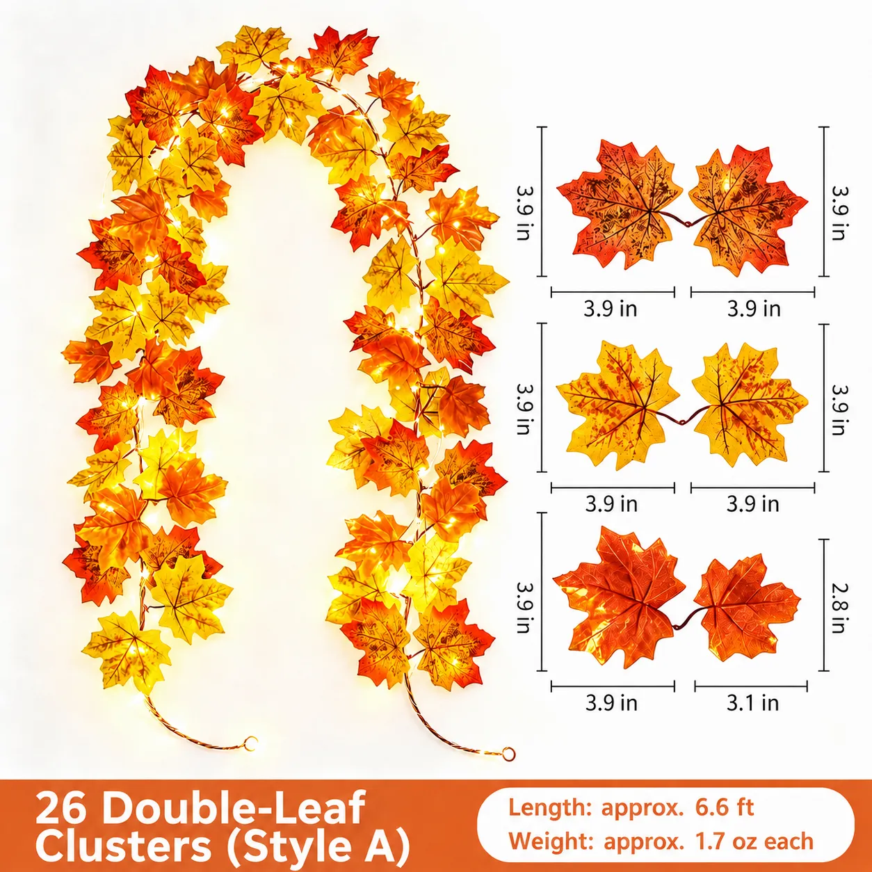 Single maple-leaf garland with close-up views of individual leaves