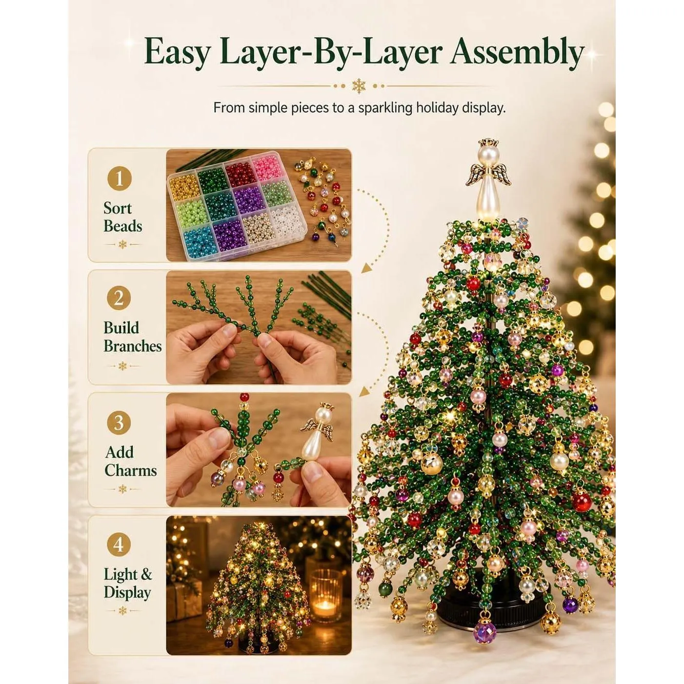 Layer-by-layer DIY beaded tree assembly steps