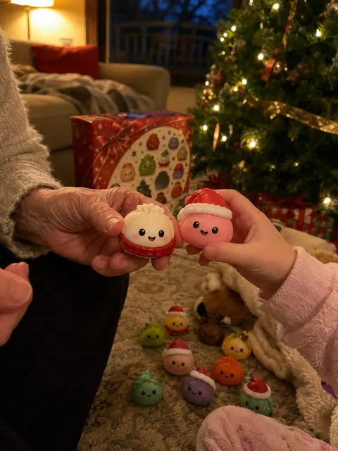Grandparent and child sharing holiday dumpling characters beside the tree
