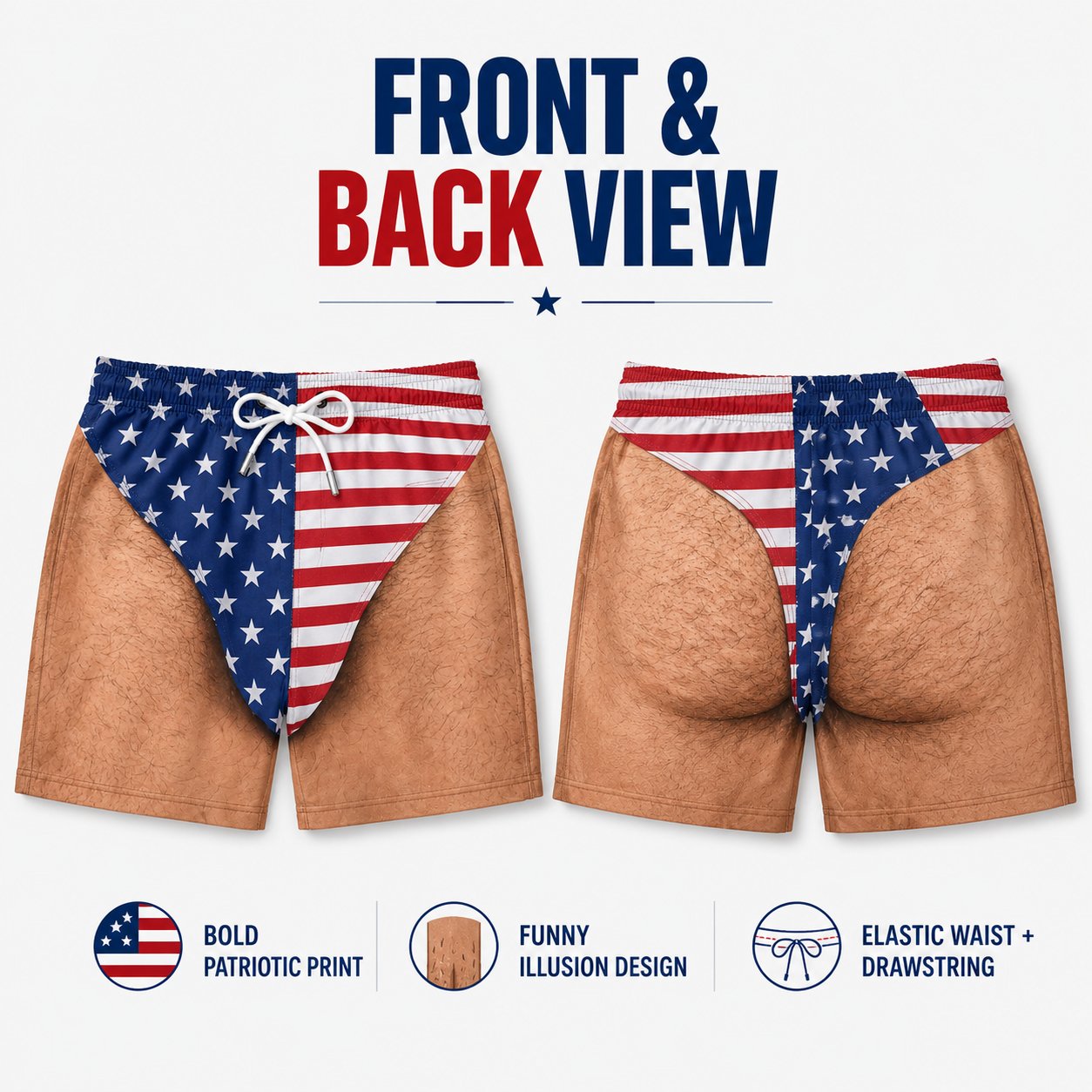 Front and back view patriotic swim trunks