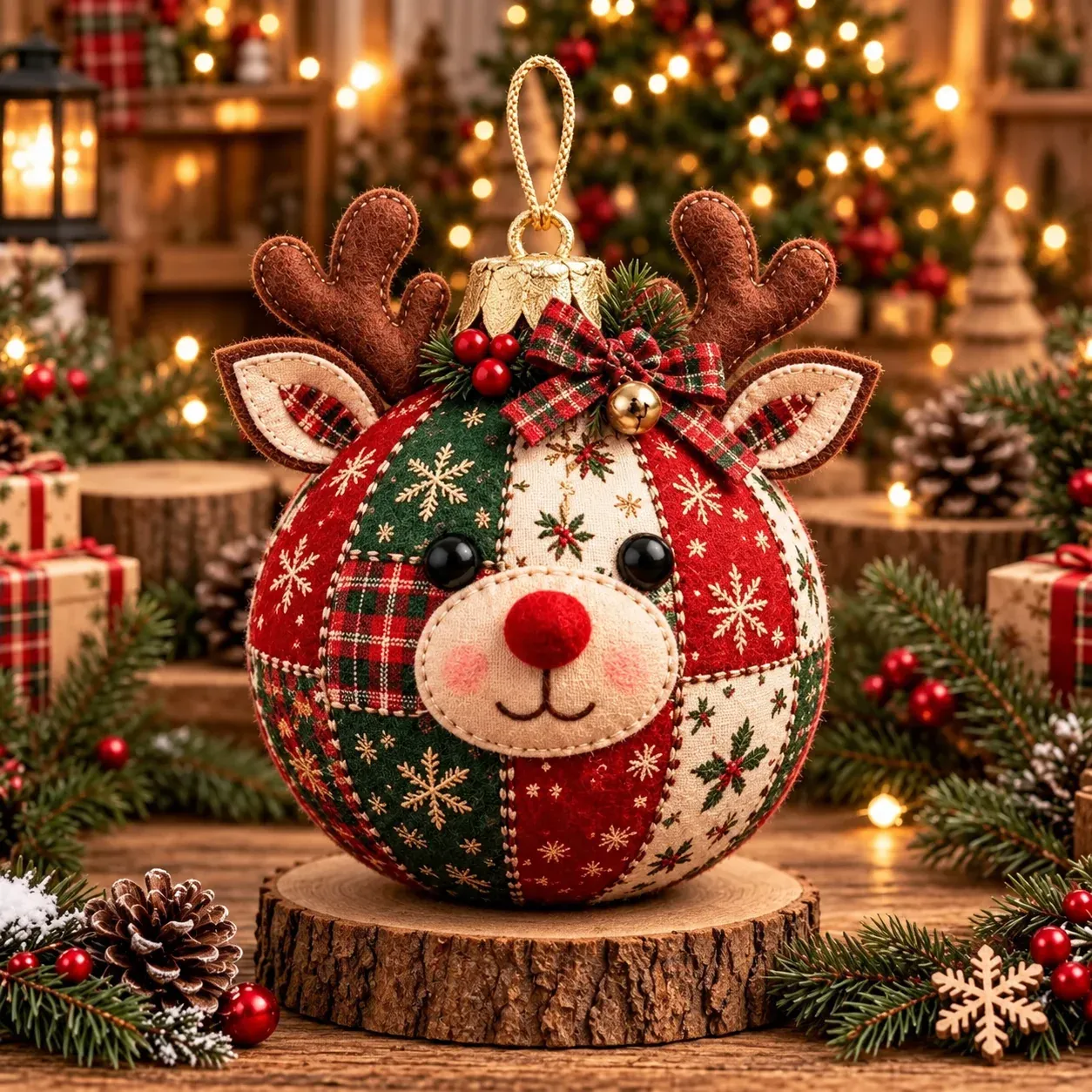 Merry Reindeer finished patchwork ornament design