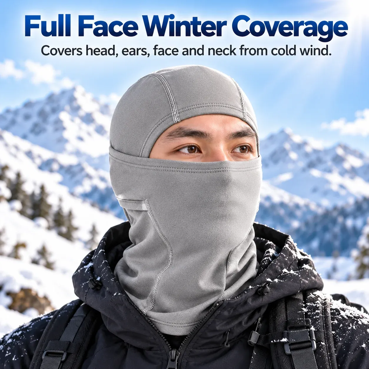 Gray balaclava worn to show coverage of head ears lower face and extended neck