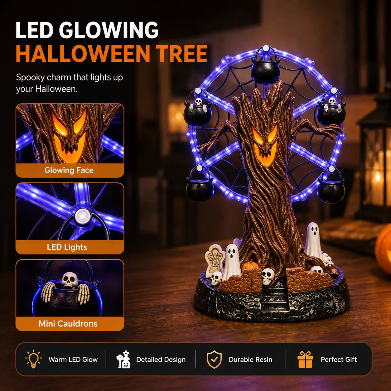 Close product view highlighting the illuminated tree face, purple wheel lights and black cauldrons