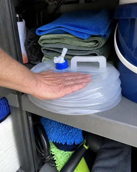 Water container folded on a garage shelf
