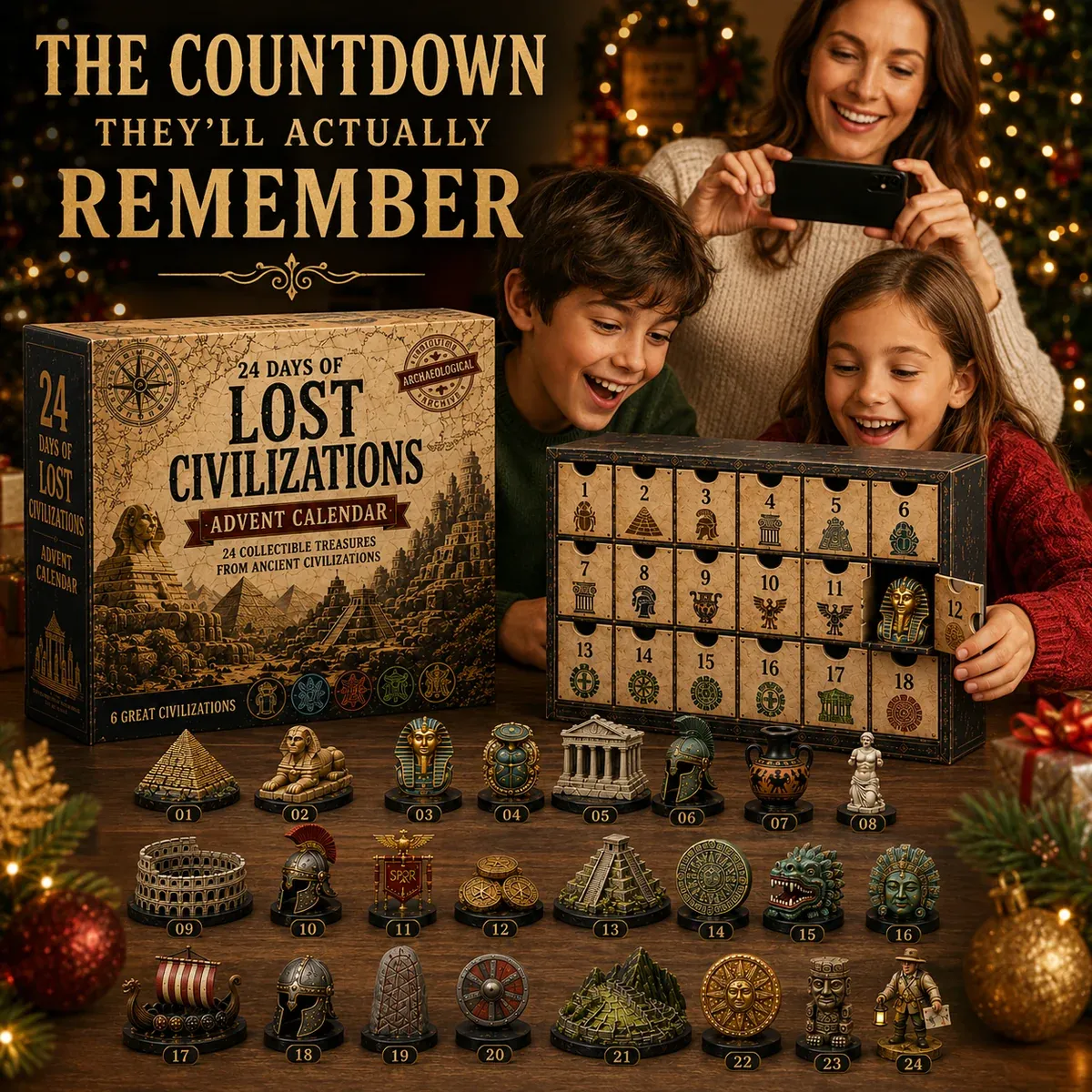 Children enjoying complete Lost Civilizations advent calendar collection